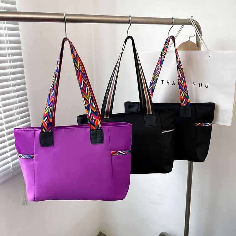 トートバッグ 撥水加工 ナイロン 大容量 軽量 ソフト素材 通勤 通学 A4対応 2WAY ショルダーバッグ 手提げ 配色デザイン 無地 シンプル おしゃれ スクエア型 横長 スマホポケット付き デイリーユース