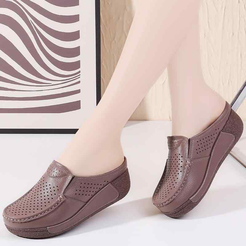 サンダル レディース 女性用 春夏 厚底 パンチング 本革 レザー ラウンドトゥ つま先保護 カジュアル 普段使い ウェッジソール ウェッジヒール ママ ミセス