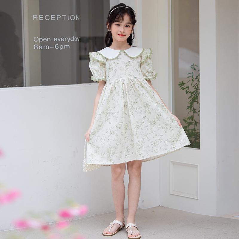 キッズ 女の子 ワンピース 春夏 フリル丸襟 さわやか コットン100% 肌に優しい 花柄 半袖 プリンセス かわいい ガーリースタイル フリル裾