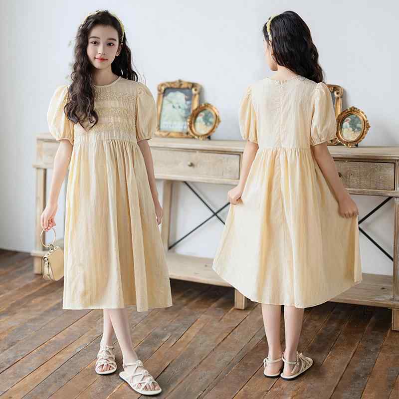 楽天モズラボワンピース 女の子 ガールズ キッズ レース 切り替え ジャカード 綿素材 Aライン 中大童 ジュニア プリンセスドレス お姫様スタイル 夏 韓流ファッション アプリコットカラー