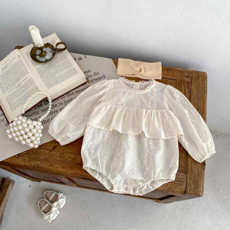 ロンパース 女の子 ベビー 0～3歳 長袖 綿 コットン パフスリーブ 裾フリルデザイン 上品 エレガント 秋服 杏色 韓国風 カバーオール