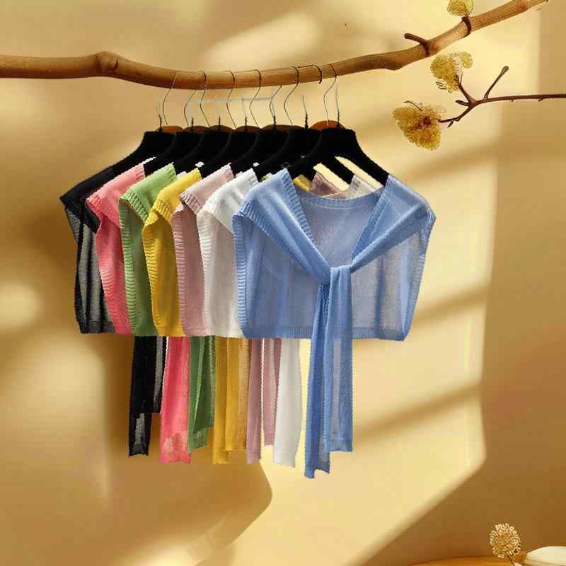 ショール レディース 接触冷感 紫外線対策 ニット 薄手 襟付き 肩掛け 羽織り ショート丈 カーディガン スカーフ ストール 普段使い シンプル 春夏秋 全6色 ホワイト ブラック ピンク イエロー グリーン スカイブルー