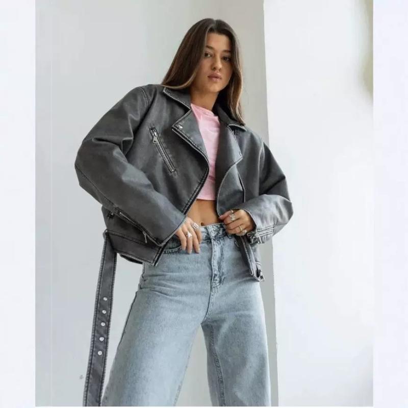レザージャケット レディース ライダースジャケット PUレザー ジップアップ 襟付き アメリカンカジュアル アメカジ レトロ ヴィンテージ きれいめ 通勤 デイリーユース 着回し万能 アウター 長袖 ブルゾン