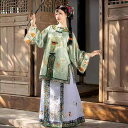 民族衣装 レディース 清朝 格格服 復刻版 フルセット 対襟 ラウンドネック 花柄プリント 馬面スカート グリーン パープル オールシーズン イベント 舞台衣装 セットアップ