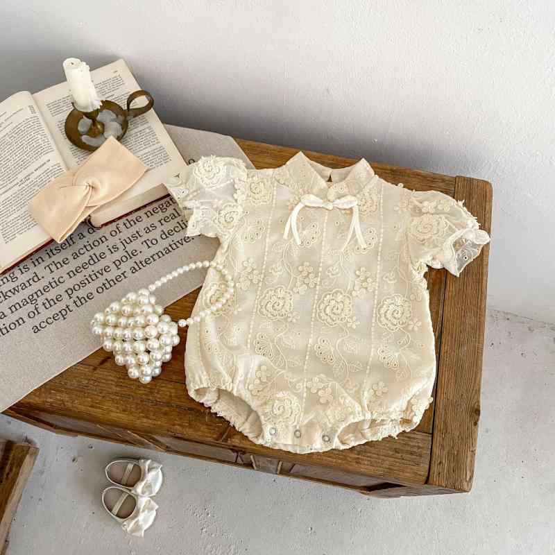 ロンパース 女の子 ベビー 幼児 夏物 半袖 立体花 刺繍 韓国風 前開き スナップボタン カバーオール ポリエステル Aクラス 普通地 アプリコット 1歳 2歳 3歳 80cm 90cm 100cm