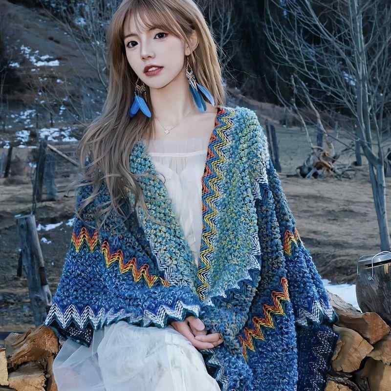 ショール レディース 民族風 エスニック レトロ ヴィンテージ ロング丈 フリンジ タッセル ポンチョ ケープ ストール 春夏 旅行 リゾート お出かけ 羽織り 混紡素材 大判 漸変色 日韓風 スウィート 冷房対策