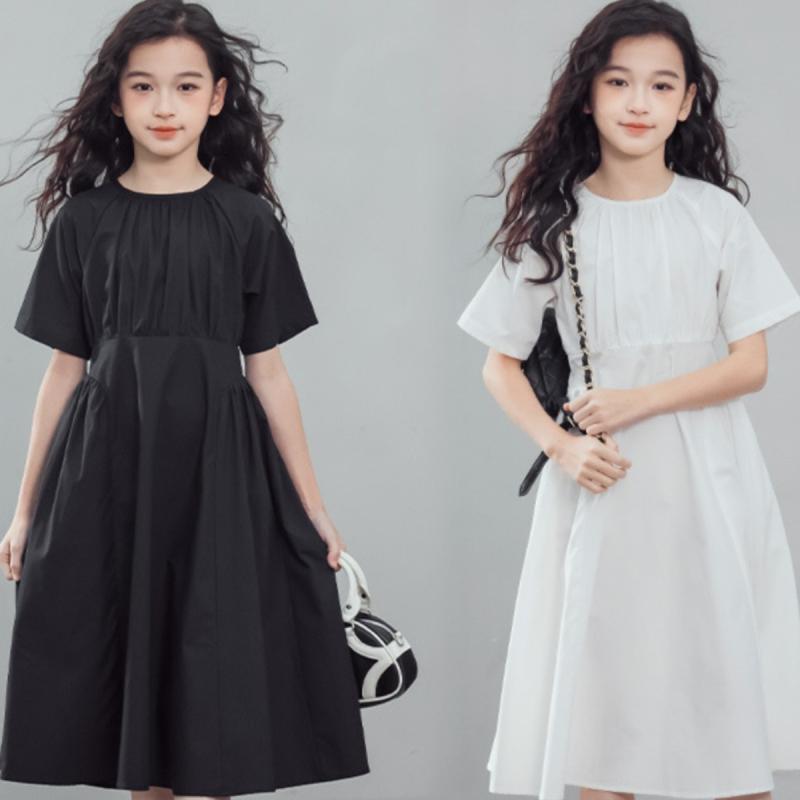 ワンピース 女の子 キッズ ジュニア 細見え 親子コーデ 親子お揃い 半袖 Aライン ロング丈 綿100% コットン 無地 リゾート 韓国風 カジュアル 白 黒 夏物