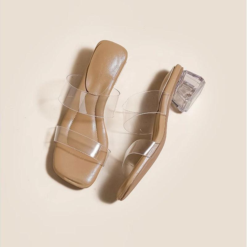 サンダル レディース ふわふわ クッション性 クリア ワンストラップ ミドルヒール 4cmヒール チャンキ..