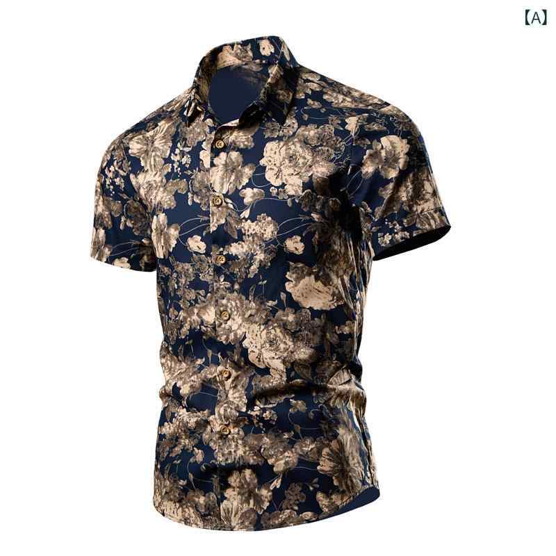 シャツ メンズ 春夏 カジュアル ファッション トレンド レトロ 花柄 マルチカラー 半袖 ポリエステル 混紡素材 ゆったり ルーズフィット ノーアイロン