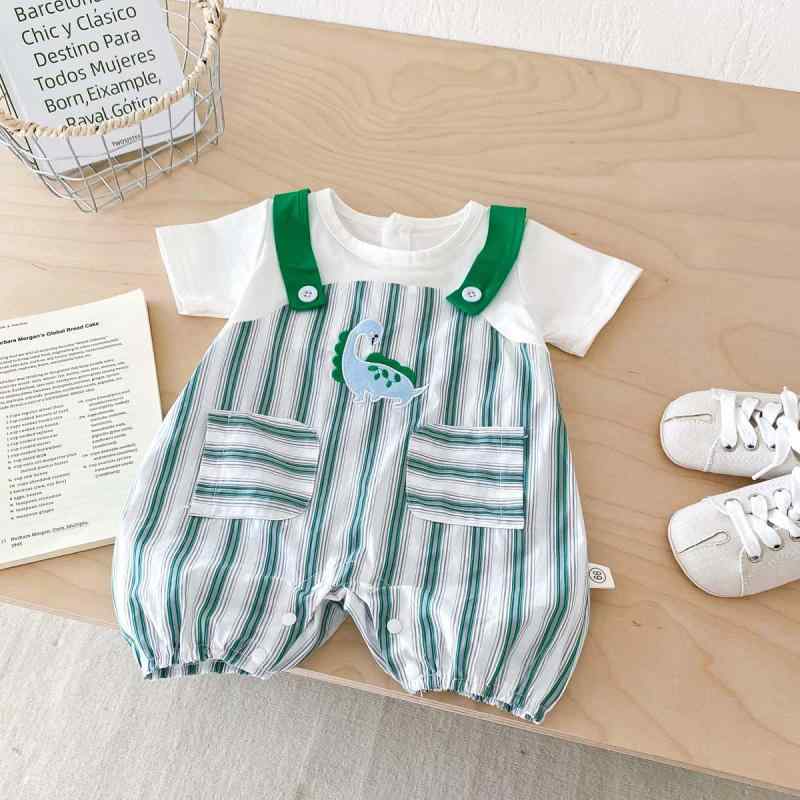 ロンパース ベビー 男の子 女の子 男女兼用 コットン 綿 薄手 半袖 恐竜 ストライプ フェイクレイヤード 重ね着風 サロペット風 韓国風 プルオーバー 新生児 乳児 春夏 グリーン