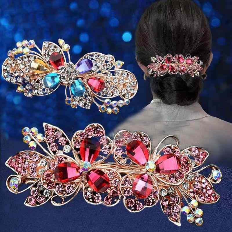ヘアクリップ レディース ラインストーン 高級感 華やか エレガント 上品 リボン バネクリップ ポニーテール 髪飾り バレッタ 韓国風 花モチーフ 合金素材 電気メッキ加工 秋冬 普段使い デート 結婚式 パーティー