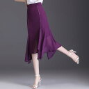 スカート レディース アシンメトリー ハイウエスト シフォン タイト マーメイド ミディ丈 春夏 無地 切り替え デザイン ポリエステル 通勤 エレガント きれいめ ブラック パープル