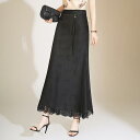 半身スカート レディース 馬面スカート チャイナ風 ハイウエスト ジャガード織り 切り替え レース タッセル ミディ丈 Aライン エレガント 通勤 ブラック ポリエステル