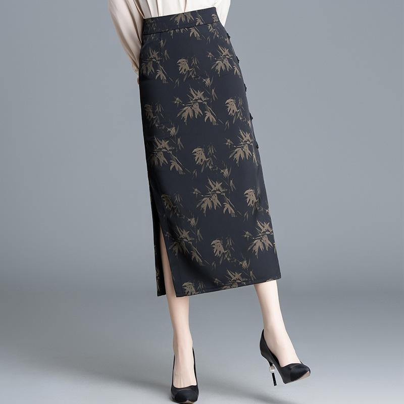 スカート レディース 春夏 花柄 プリント ロング丈 ミディ丈 シンプル スリム タイト ストレート ハイウエスト 切り替え 伸縮性 通勤 オフィス ビジネス エレガント 上品 黒
