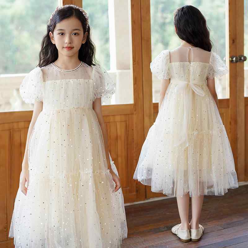 ワンピース キッズ 女の子 ジュニア 春夏 パフスリーブ スパンコール キラキラ チュール素材 プリンセスドレス 上品 発表会 結婚式 フォーマル かわいい アプリコットカラー ポリエステル コットン