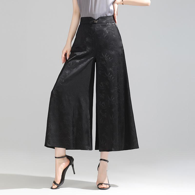 キュロットパンツ レディース 九分丈 アンクル丈 着痩せ 体型カバー ウエストゴム ドレープ感 薄手 ストレッチ プリント柄 ゆったり ルーズシルエット 通勤 オフィスカジュアル きれいめ ワイドパンツ ポリエステル素材 大きいサイズ 黒色 ベージュ