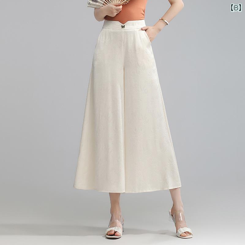 モズラボのキュロットパンツ レディース 九分丈 アンクル丈 着痩せ 体型カバー ウエストゴム ドレープ感 薄手 ストレッチ プリント柄 ゆったり ルーズシルエット 通勤 オフィスカジュアル きれいめ ワイドパンツ ポリエステル素材 大きいサイズ 黒色 ベージュ｜アングル3