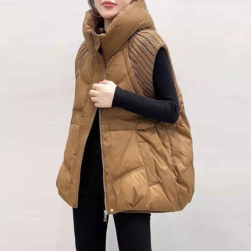 保温性 フード付き ニットスリーブ ダウンベスト レディース デザイン性 大人カジュアル ホワイトダックダウン 小柄 厚手 アウター 通勤 オフィス