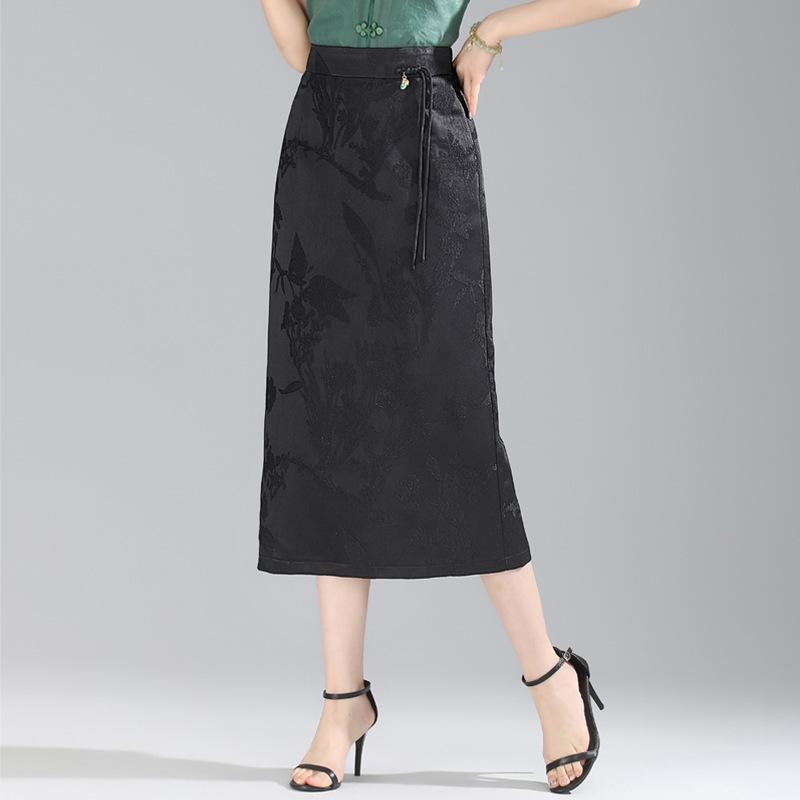 スカート レディース 春夏 ジャカード織り 切り替え ハイウエスト タイトスカート ロング丈 ストレートシルエット ポリエステル素材 上品 エレガント 通勤 オフィス きれいめ ブラック