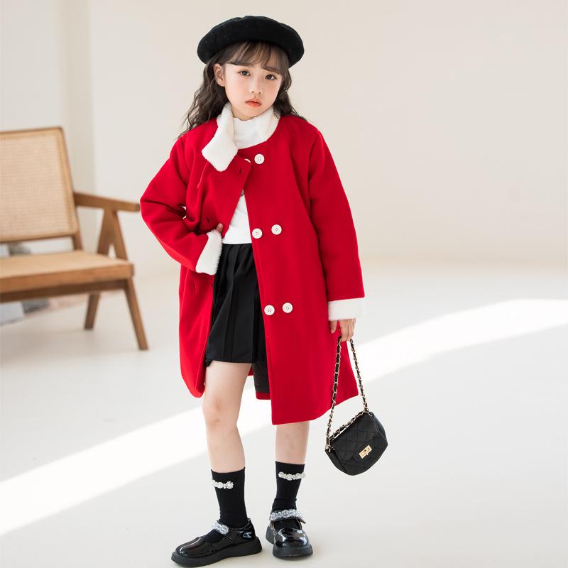 コート 女の子 ジュニア キッズ 中綿入り ウール メルトン ミドル丈 ダブルボタン 暖かい 厚手 防寒 秋冬 赤 レッド お出かけ 通学