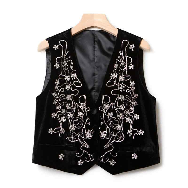 ベスト レディース 春夏 Vネック ベロア クリスタルラインストーン飾り ショート丈 スリム 細見え効果 着回し カジュアル きれいめ ブラック レーヨン混