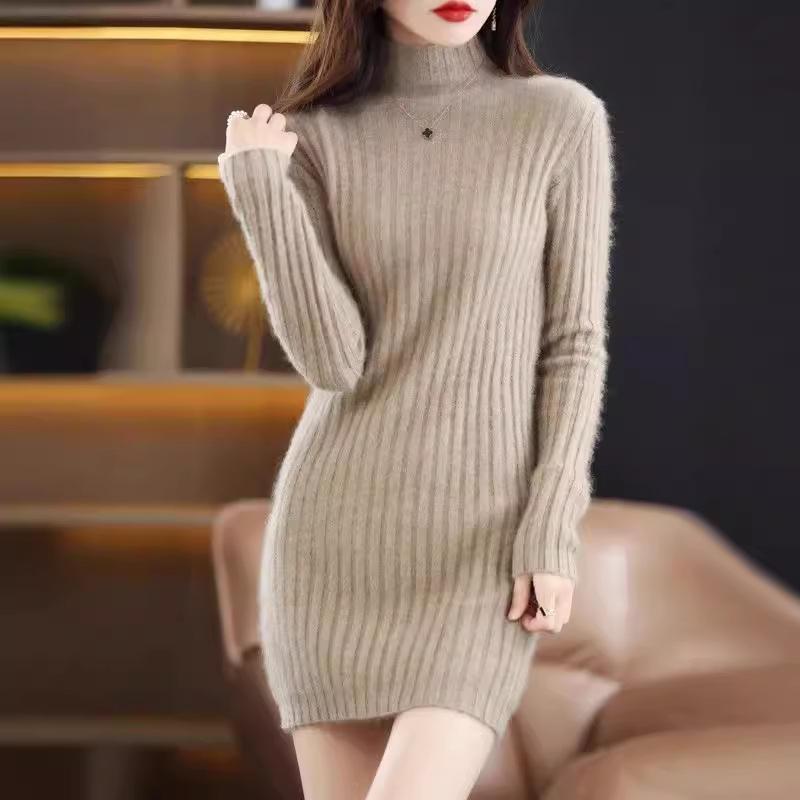 ワンピース レディース フェイクミンク調 カシミヤタッチ 暖か ハイネック ニット セーター 秋冬 スタイルアップ 着痩せ スリムフィット ミディ丈 プルオーバー レトロ フェミニン トップス