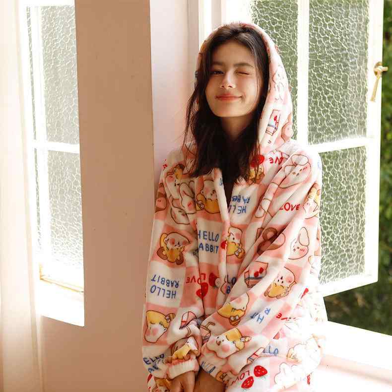 ルームウェア レディース 秋冬 もこもこ 厚手 あったか 保温 裏起毛 フード付き フリース フランネル ピンク かわいい アニマル柄 バスローブ ガウン 部屋着 パジャマ