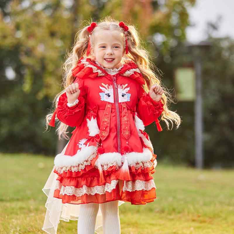 ダウンコート 女の子 キッズ 軽量 防寒 保温 フード付き 高品質 ホワイトダックダウン ミドル丈 辰年デザイン レッド 秋冬 ジップアップ