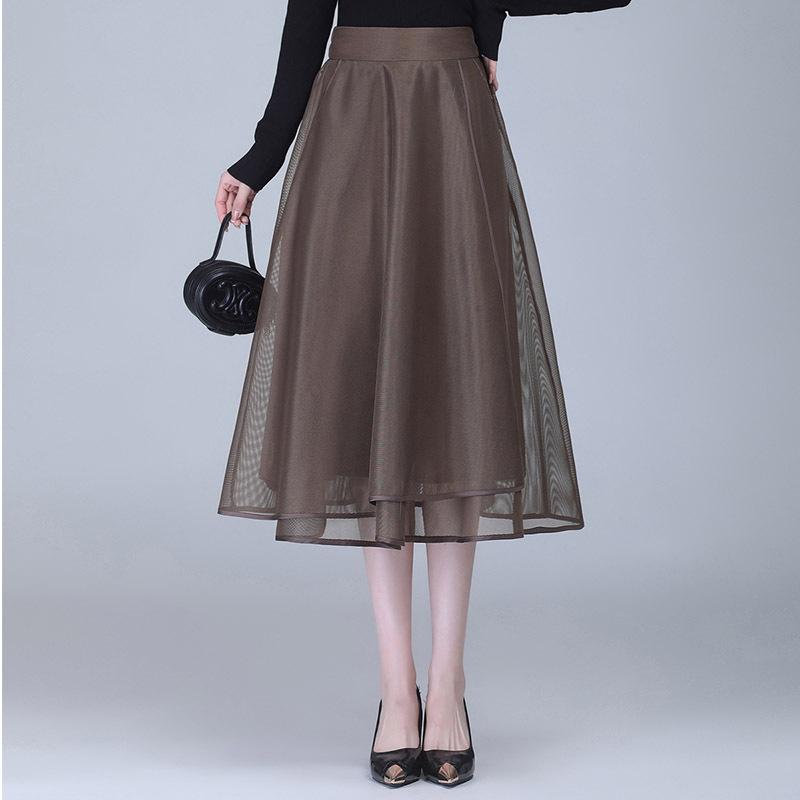 スカート レディース 春夏 ウエストゴム 体型カバー Aライン ロング丈 フレアスカート チュール 無地 シンプル 上品 きれいめ 通勤 オフィス