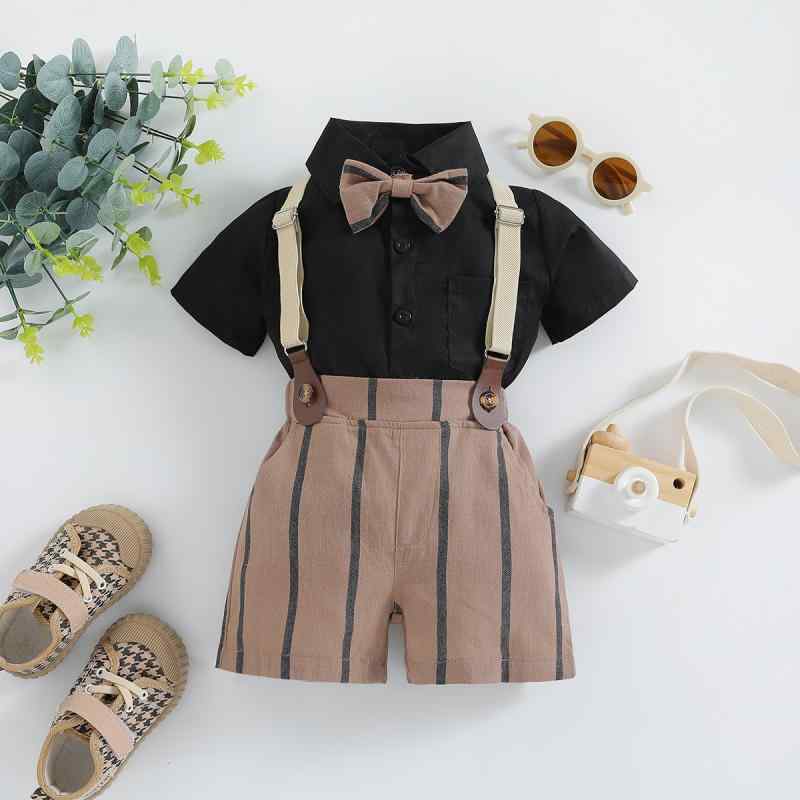 キッズ 男の子 セットアップ 3点セット 英国風 半袖シャツ サスペンダー付き ストライプ柄 ショートパンツ 綿混 春夏 おしゃれ かっこいい カジュアル 通園 お出かけ 子供服 かわいい