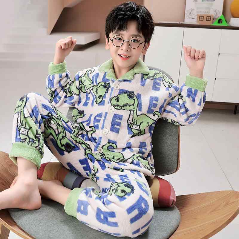 パジャマ ルームウェア キッズ 男の子 ジュニア セットアップ 秋冬 フランネル サンゴフリース あったか 暖かい もこもこ ふわふわ 恐竜 キャラクター 静電気防止 前開き ボタン 小学生 中学生 部屋着