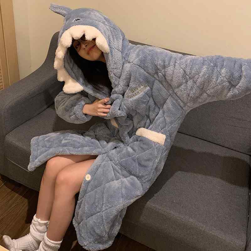 パジャマ レディース 極厚 三層 中綿入り あったか 保温 珊瑚フリース サメ キャラクター かわいい 冬..