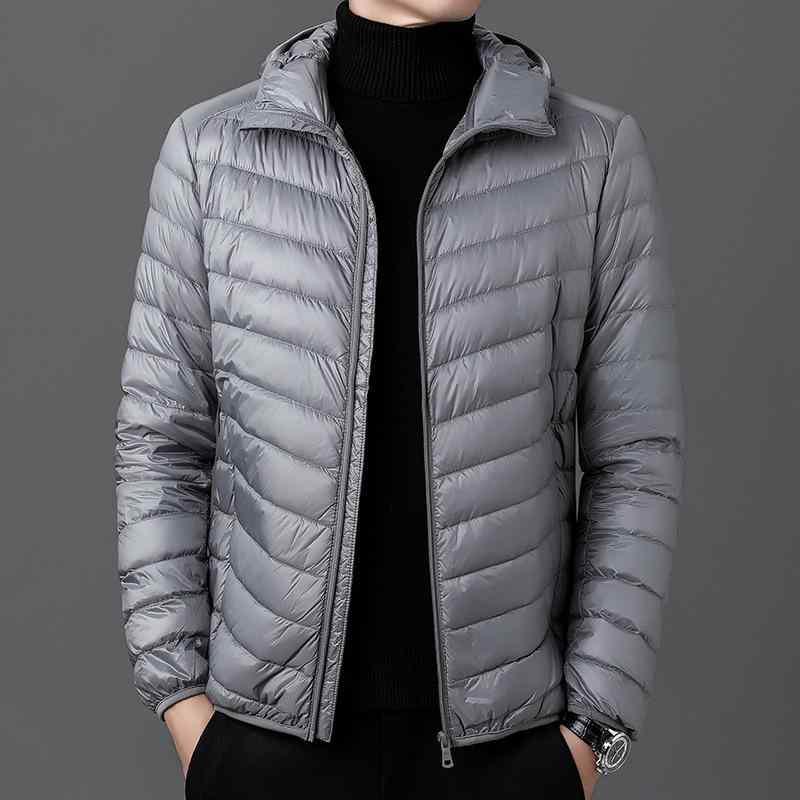 ダウンジャケット メンズ 男性用 防寒 軽量 薄手 フード付き ショート丈 アウター ダウン スリムフィット ジップアップ 無地 カジュアル タウンユース 普段使い レジャー 秋冬 20代 30代