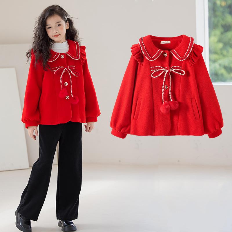 キッズ 女の子 ジュニア コート 秋冬 ウールブレンド フリース裏地 暖かい ソフトタッチ フリル襟 リボン ポンポン付き シングルボタン 無地 ショート丈 か...