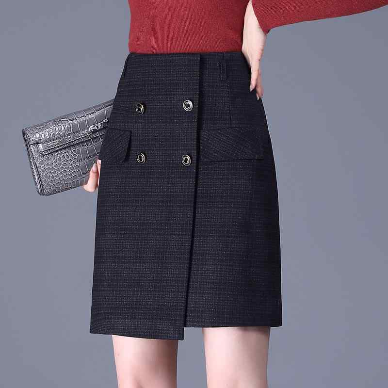 スカート レディース Aライン ハイウエスト 脚長効果 タイトシルエット ミニ丈 アシンメトリー ダブルボタン チェック柄 通勤 オフィス きれいめ 秋冬 ポリエステル素材