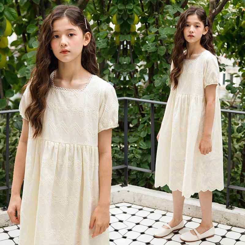 ワンピース 女の子 ガールズ キッズ ジュニア 半袖 フリル襟 レース 透かし 綿 コットン Aライン 夏 韓国風 おしゃれ 上品 プリンセスドレス カジュアル 普段着 イエロー