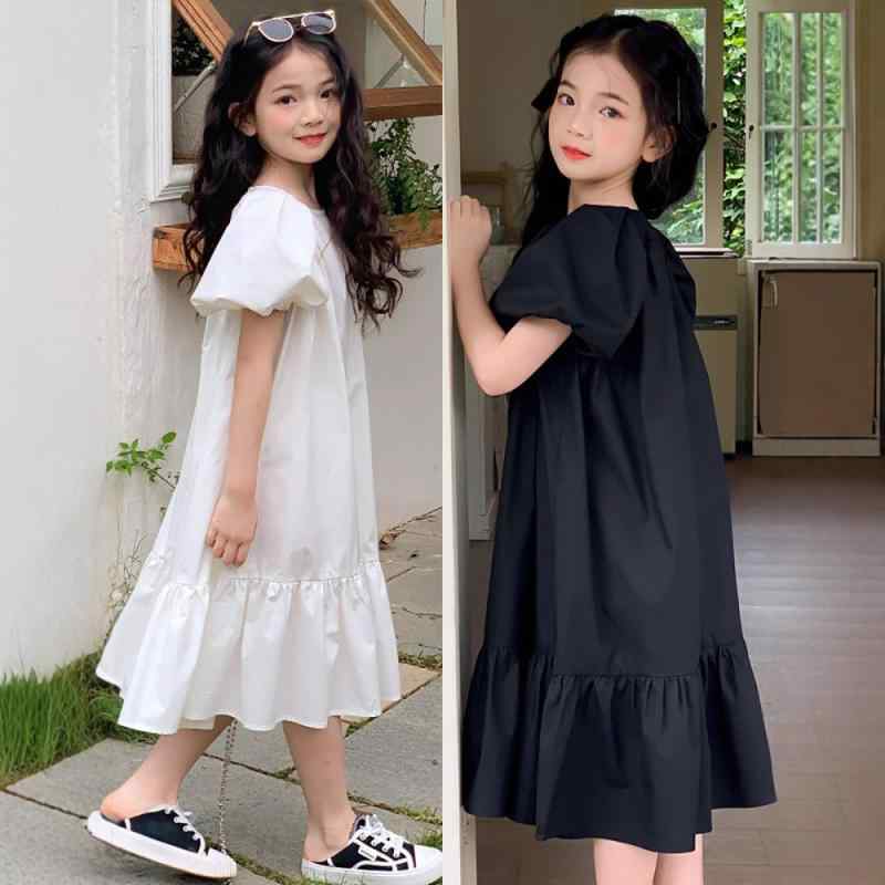 ワンピース キッズ 女の子 半袖 パフスリーブ フリル ミディ丈 コットン100% おしゃれ ホワイト 韓国風 ボヘミアン リゾートスタイル ジュニア トレンド 夏物