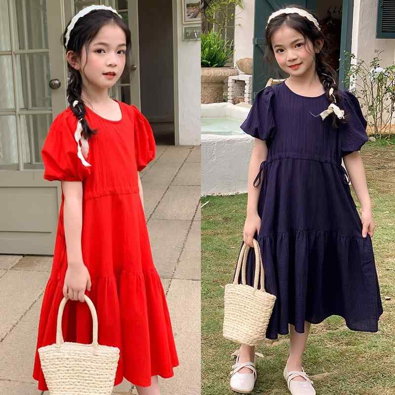 ワンピース キッズ 女の子 夏用 プリンセスドレス パフスリーブ ウエストマーク ロング丈 赤色 コットン 綿100% 柔らかい ビーチ リゾート かわいい おしゃれ着