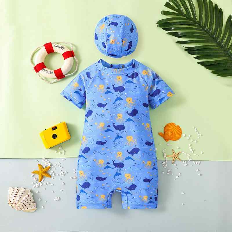 水着 キッズ ベビー 男の子 女の子 ワンピース水着 オールインワン スイムキャップ付き 2点セット かわいい カートゥーン柄 プール 海水浴 水遊び 春夏 ポリエステル素材 幼児 園児 乳幼児向け