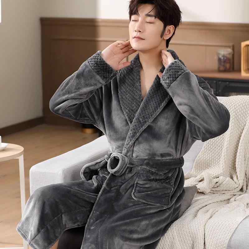 ガウン メンズ 厚手 裏起毛 保温 サンゴフリース ロング丈 ゆったり ルームウェア 部屋着 パジャマ ナイトウェア シンプル カジュアル 秋冬用