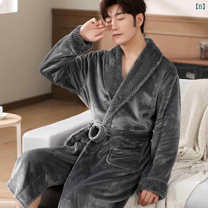 ガウン メンズ 厚手 裏起毛 保温 サンゴフリース ロング丈 ゆったり ルームウェア 部屋着 パジャマ ナイトウェア シンプル カジュアル 秋冬用