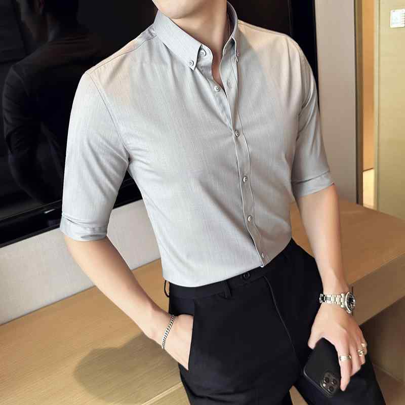 シャツ メンズ 形態安定 薄手 スリムフィット 5分袖 英国風 韓国風 ビジネス カジュアル 開襟 無地 上質 高色堅牢度 コットン混紡 春夏