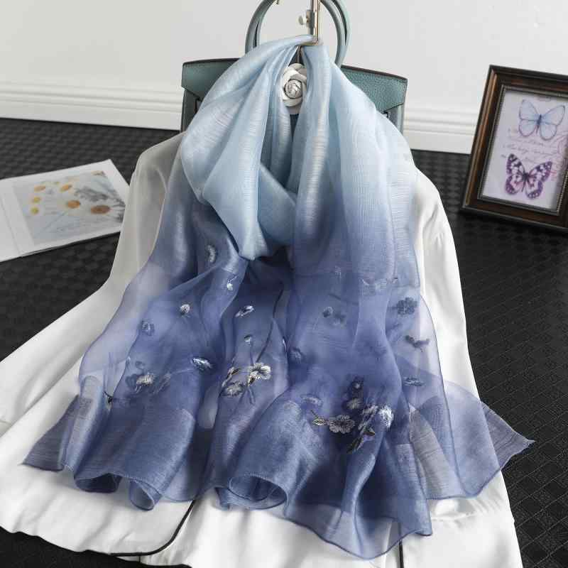 ストール レディース 女性用 日よけ UV対策 保温 ウール シルク 刺繍 グラデーション 花柄 大判 ショー..