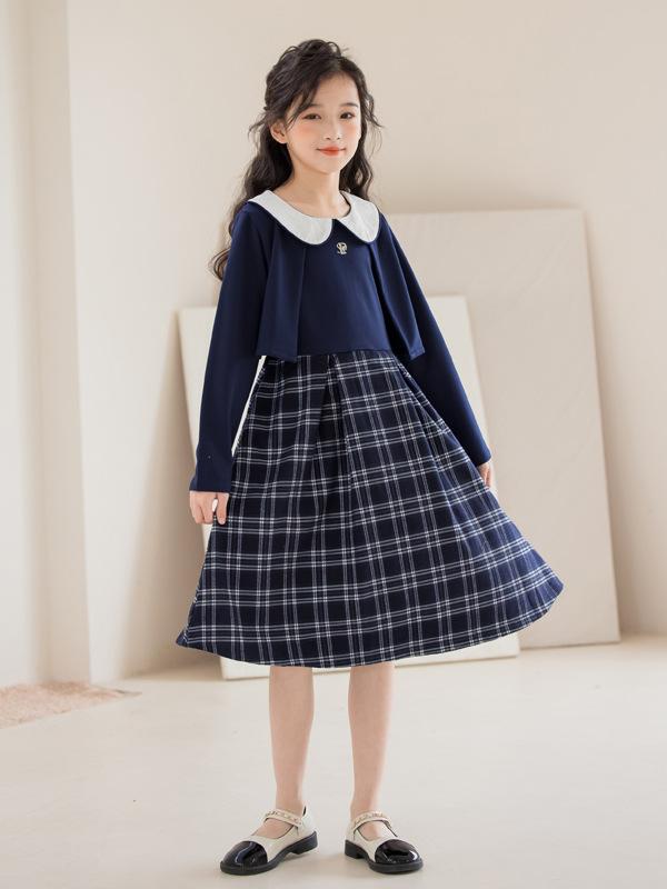 ワンピース 女の子 ジュニア 春秋 ドッキングワンピース フェイクレイヤード チェック柄 スクール風 長袖 膝丈スカート ローマ生地 ポリエステル 140cm 150cm 160cm 170cm