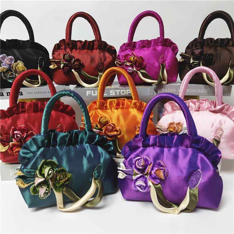 ハンドバッグ レディース 手作り 花柄 ミニ 中国風 レトロ シルク素材 ソフト素材 餃子型 横型 スクエ..