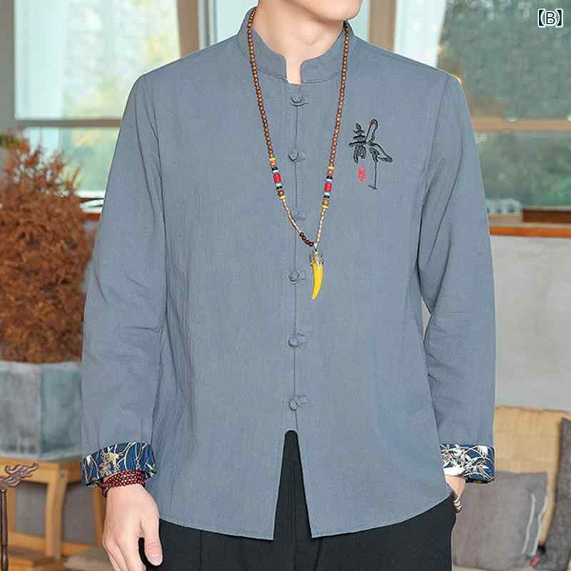 シャツ メンズ 男性用 綿麻 リネン素材 ゆったり 切り替え 中国風 唐装 中華風 居士服 禅スタイル 普段着 カジュアル 春秋 リラックスウェア トップス
