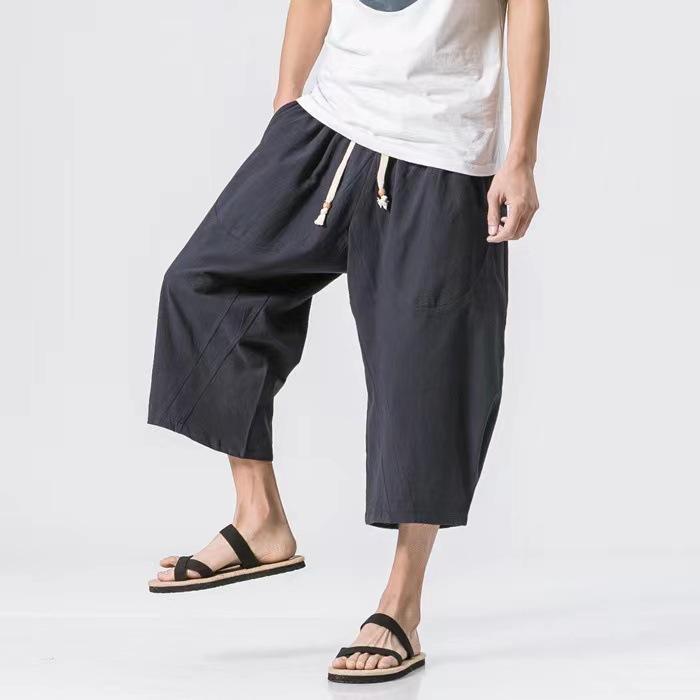 七分丈パンツ メンズ ルーズフィット ドローストリング イージーケア 微ストレッチ 綿麻 リネン ストレートシルエット 無地 カジュアル 部屋着 スポーツ ワンマイルウェア 大きいサイズ ゆったり 春夏
