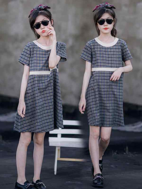 ワンピース 女の子 ジュニア ソフトタッチ 綿100% 半袖 夏 チェック柄 Aライン ロング丈 韓国子供服 ナチュラル 140cm 150cm 160cm