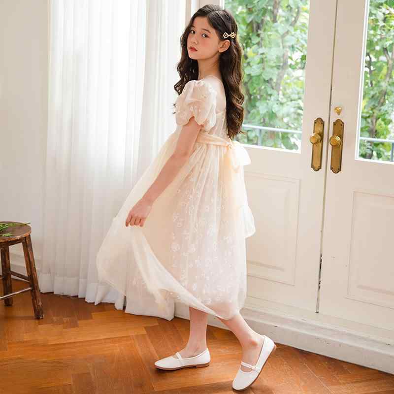 ワンピース 女の子 キッズ ジュニア 春夏 パフスリーブ 半袖 花柄 チュール プリンセス Aライン ガーゼ素材 ポリエステル 綿混裏地 かわいい おしゃれ フォーマル 発表会 結婚式 アプリコットカラー