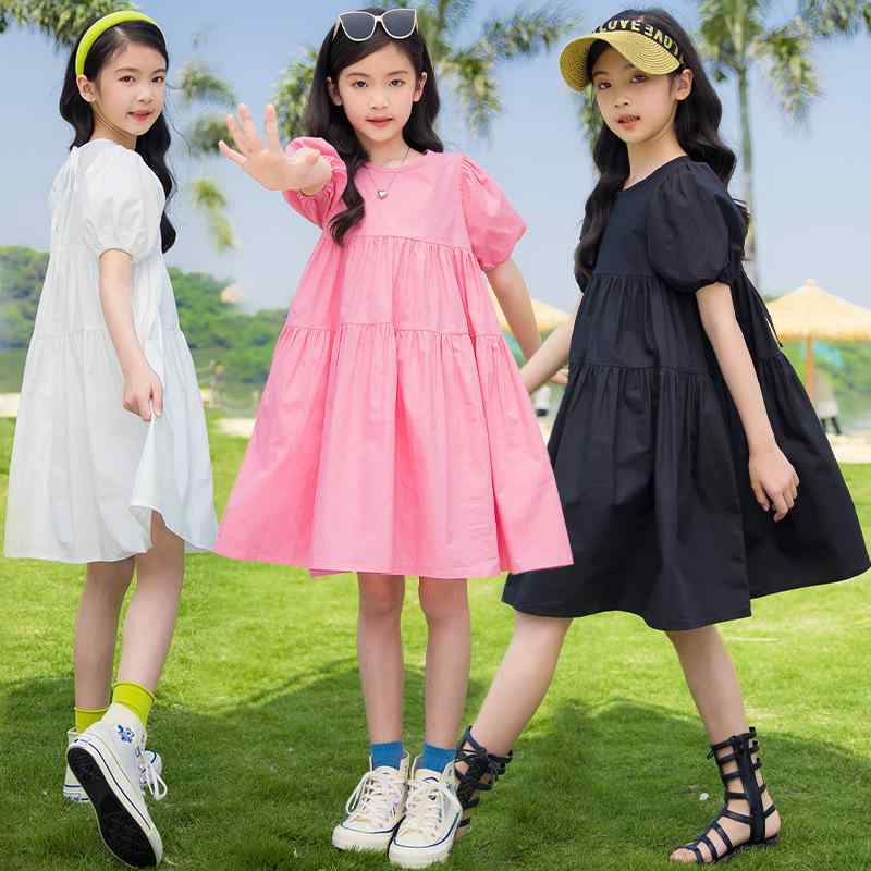 ワンピース 女の子 ジュニア キッズ 綿100% コットン パフスリーブ ティアード ゆったり プリンセスドレス フリル裾 韓国風 春夏 白 黒 ピンク